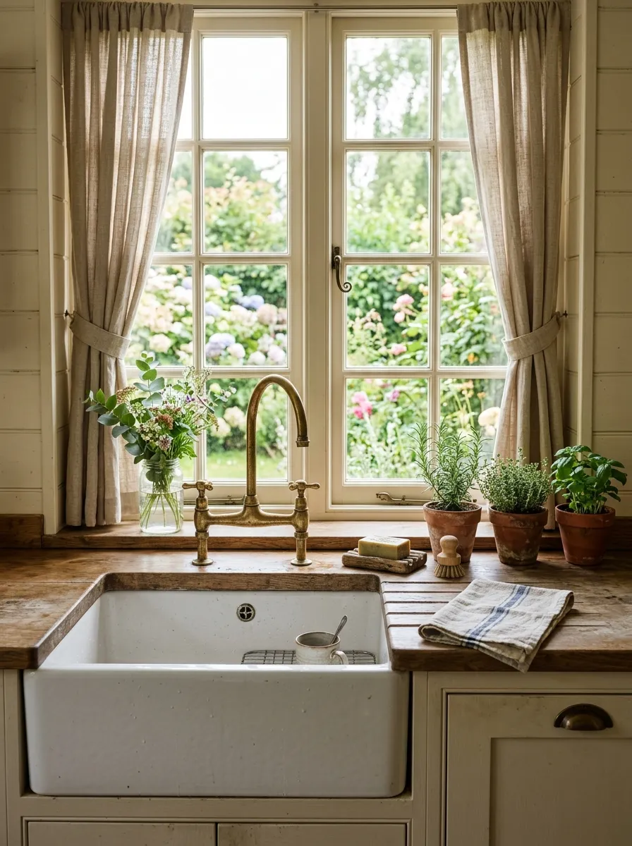 23 Rustic Farmhouse Kitchen Ideas That Use Quiet Design Rules to Create a Timeless Look 2 White fireclay apron front sink with aged brass faucet and herb pots on ledge in a warm rustic farmhouse kitchen.