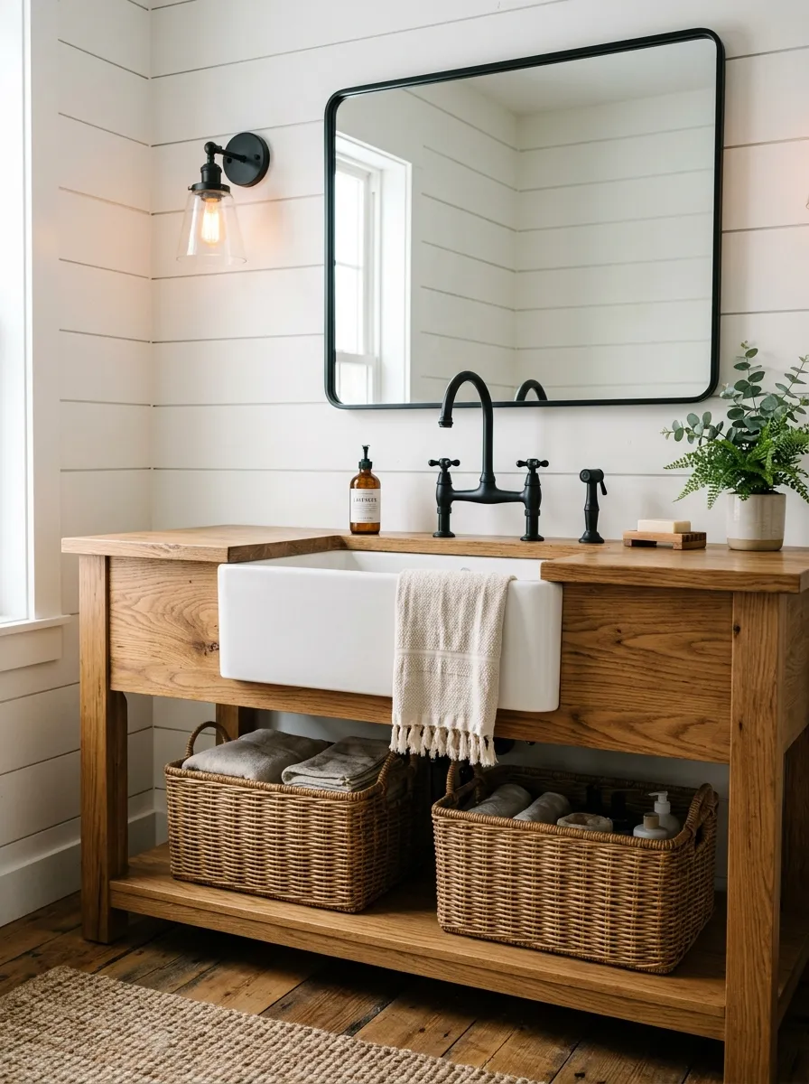 White apron front farmhouse sink with matte black bridge faucet in a natural oak vanity in a classic farmhouse style bathroom