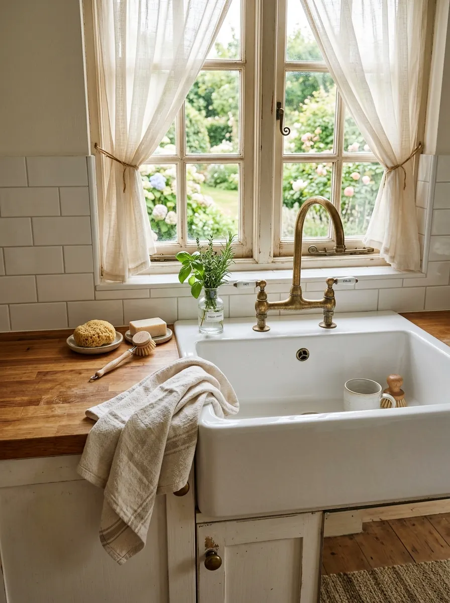 17 Farmhouse Cottage Kitchen Ideas to Master the New Timeless and Cozy Design Aesthetic 2 White apron sink with aged brass faucet and butcher block countertop in a cozy cottage kitchen style