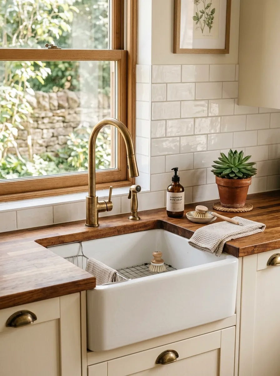 White apron sink with brass faucet and butcher block countertop in a bright farmhouse style laundry room