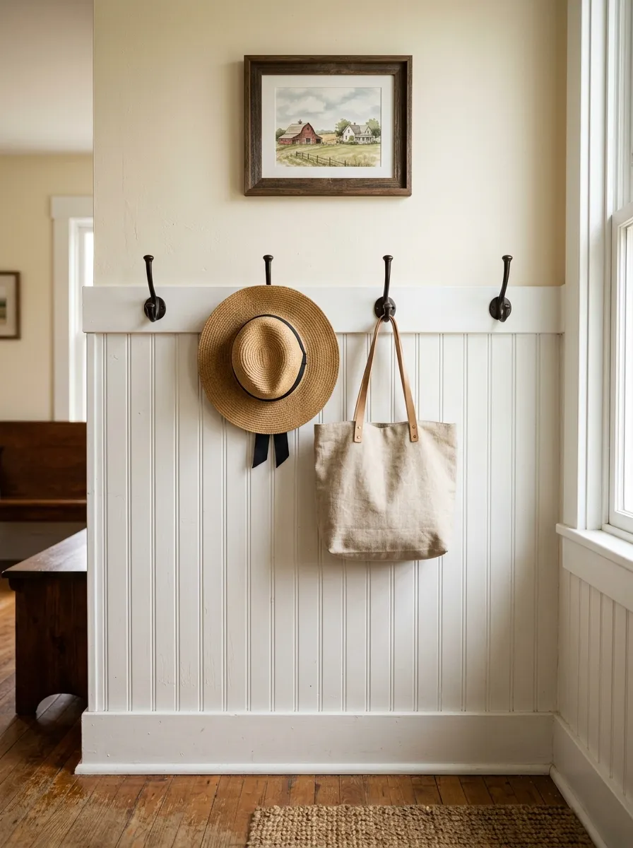 White beadboard paneling with oil rubbed bronze wall hooks, straw hat, and linen tote in farmhouse foyer entryway decor