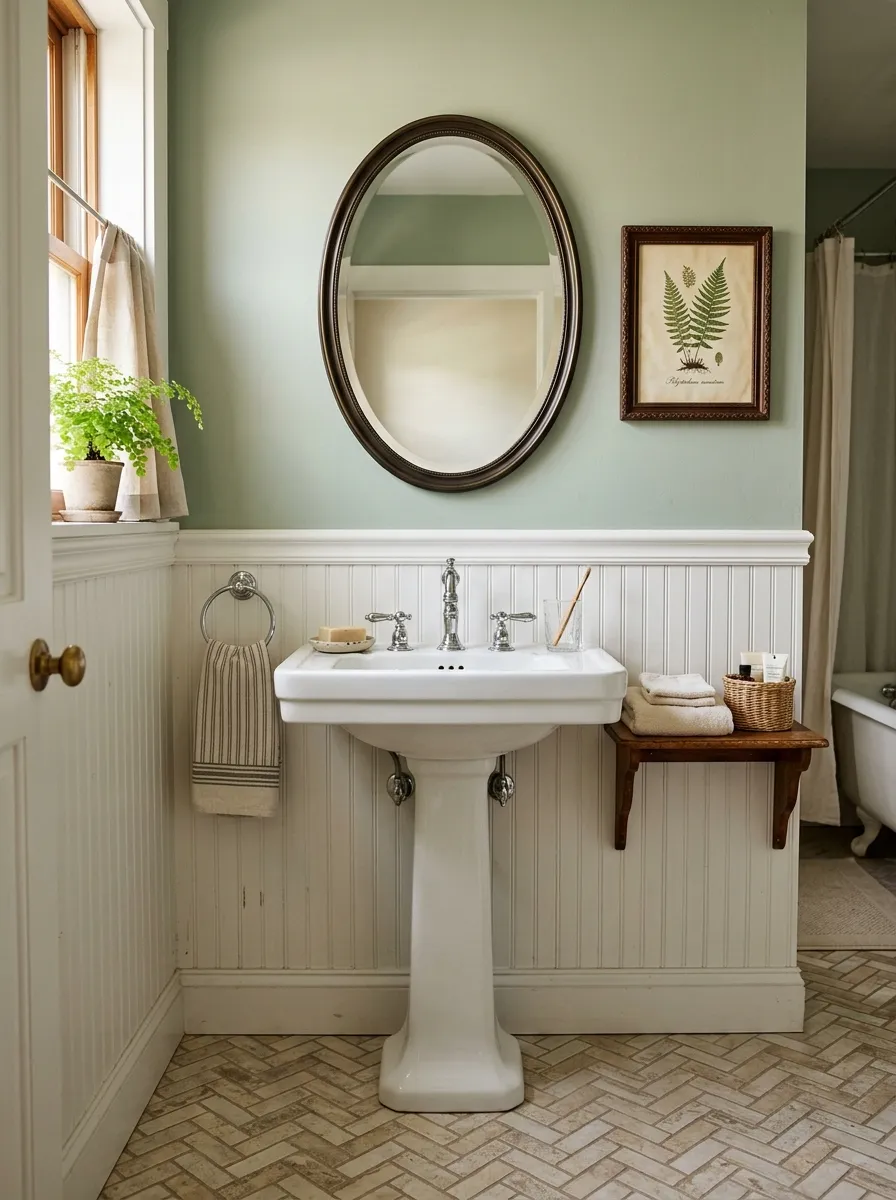 White beadboard wainscoting with sage green upper walls and pedestal sink in a classic rustic farmhouse bathroom