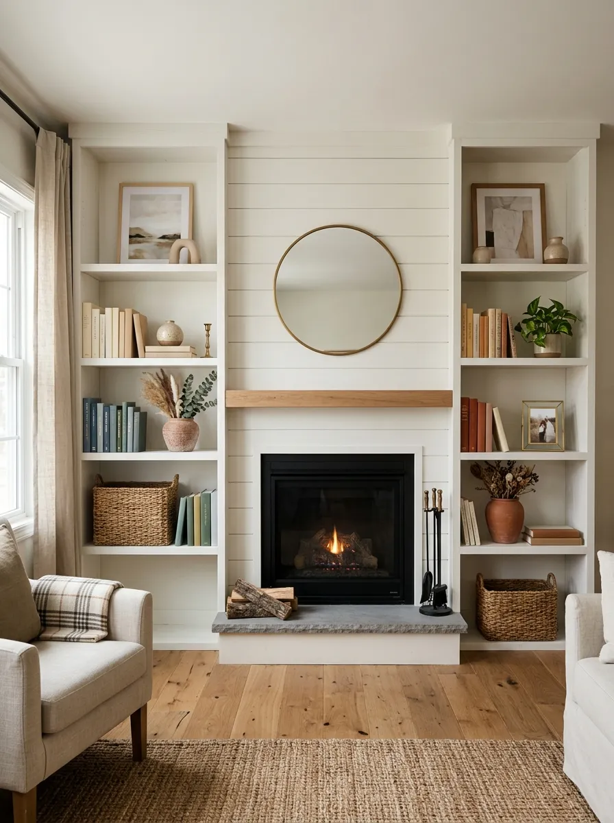 21 Modern Farmhouse Living Room Ideas That Perfectly Balance Texture, Warmth, and Modern Style 12 A modern farmhouse living room built in shelving unit styled with tonal books, ceramics, leaning art, dried botanicals, and generous negative space.