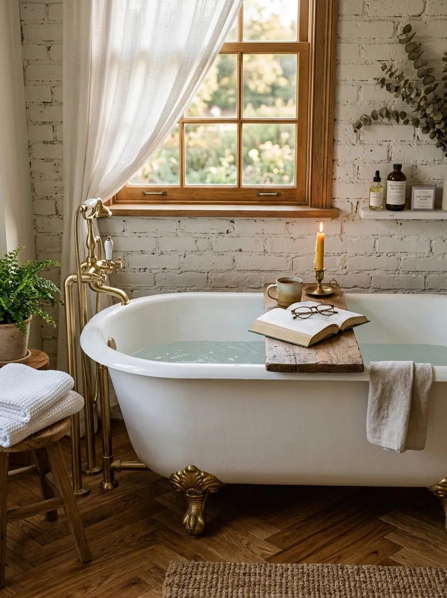 White cast iron clawfoot tub with gold feet in a rustic farmhouse bathroom with exposed brick wall and herringbone wood floor