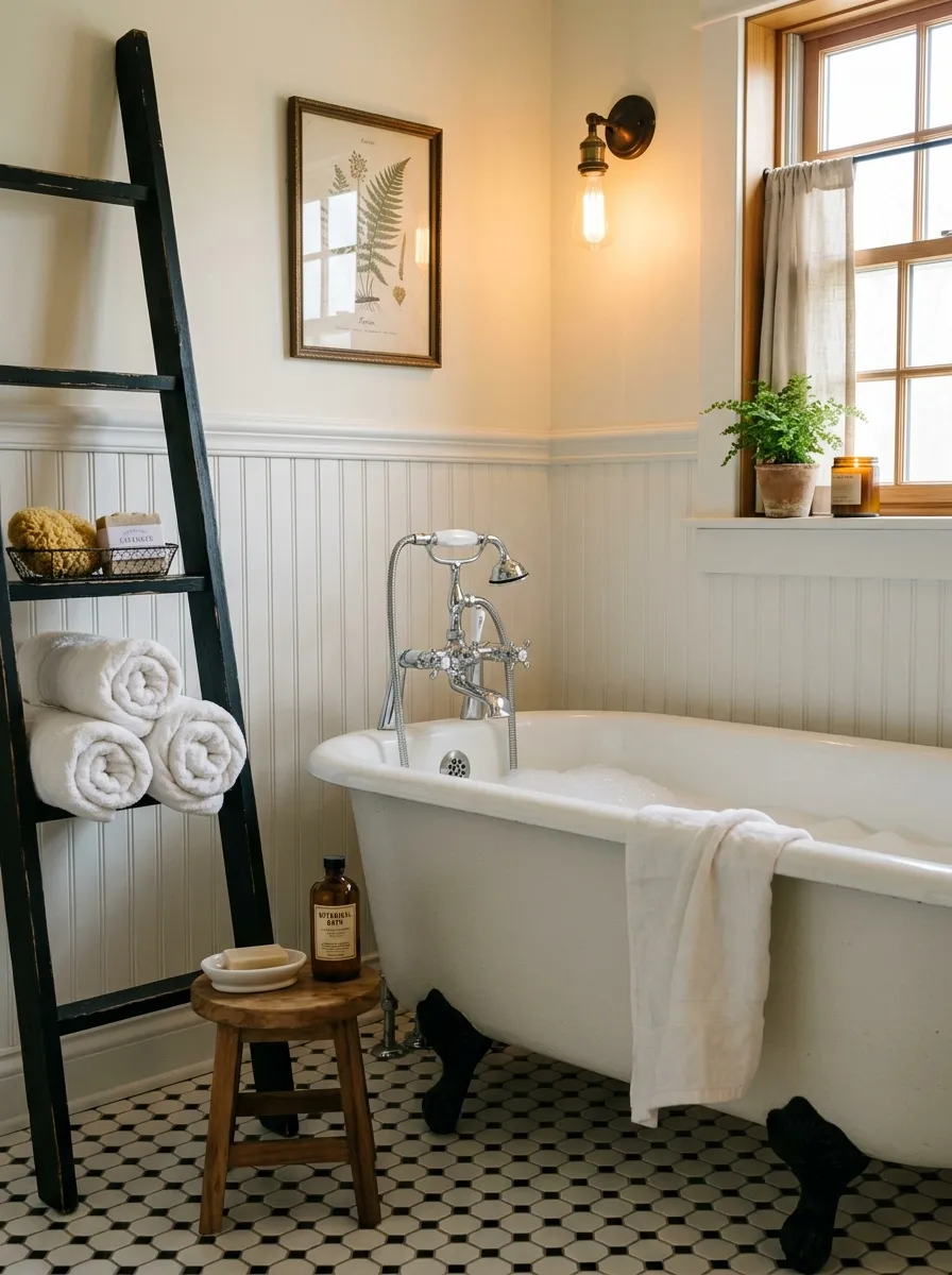 18 Black and White Bathroom Ideas That Photograph Beautifully and Look Just as Good in Real Life 7 White clawfoot bathtub on black feet with vintage tile floor and beadboard walls in charming bathroom