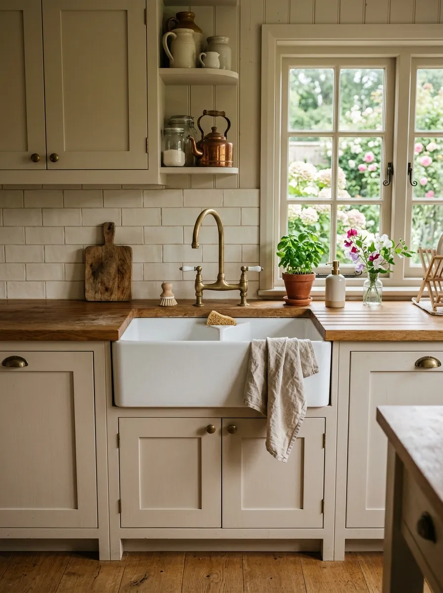 White fireclay farmhouse apron sink with brass faucet and linen towel in a cottage kitchen with warm natural lighting