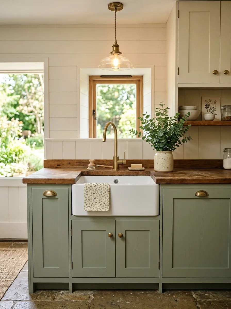 White apron front farmhouse sink with sage green lower cabinets and brushed brass hardware in a botanical kitchen