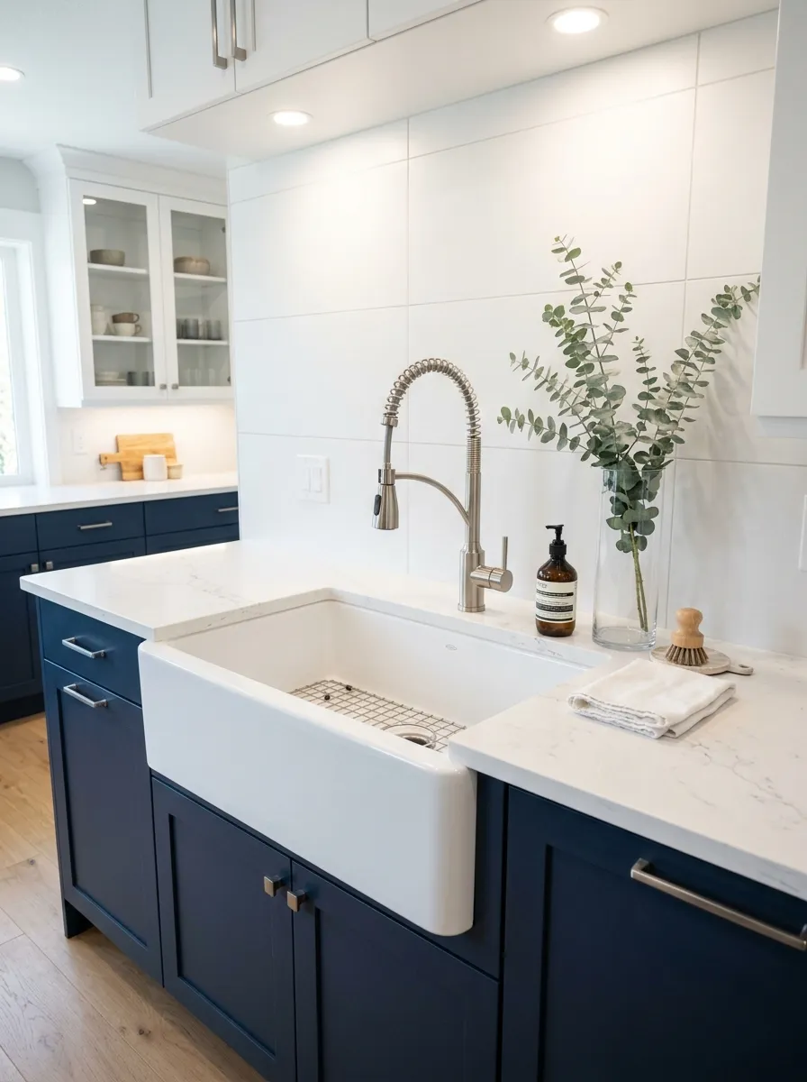 White apron front farmhouse sink with flat front navy cabinets and sleek brushed nickel pull down faucet in a modern kitchen