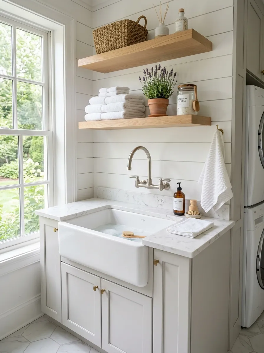 White apron front farmhouse sink in a laundry room with pale gray cabinets and marble look countertops