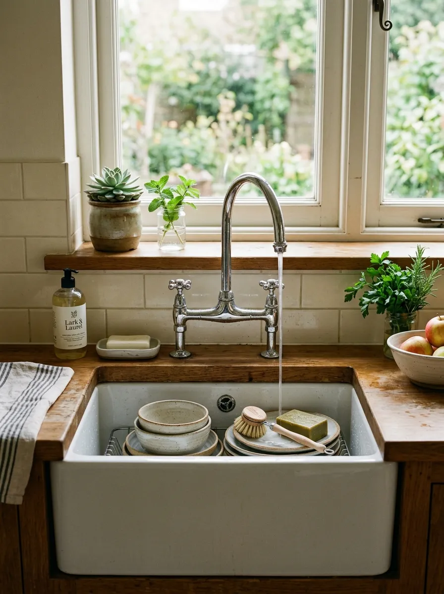 Deep white ceramic farmhouse sink with tall chrome bridge faucet and succulent on windowsill in a vintage kitchen