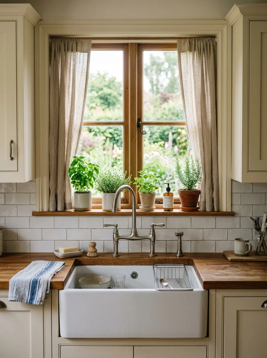White fireclay apron front sink with butcher block countertops and brushed nickel bridge faucet in a cream kitchen