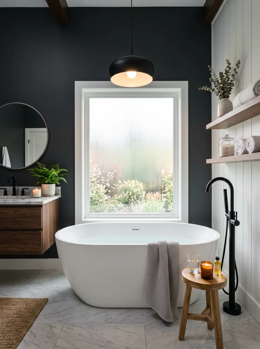 18 Black and White Bathroom Ideas That Photograph Beautifully and Look Just as Good in Real Life 3 White freestanding oval soaking tub centered in a dramatic black and white bathroom with warm pendant light