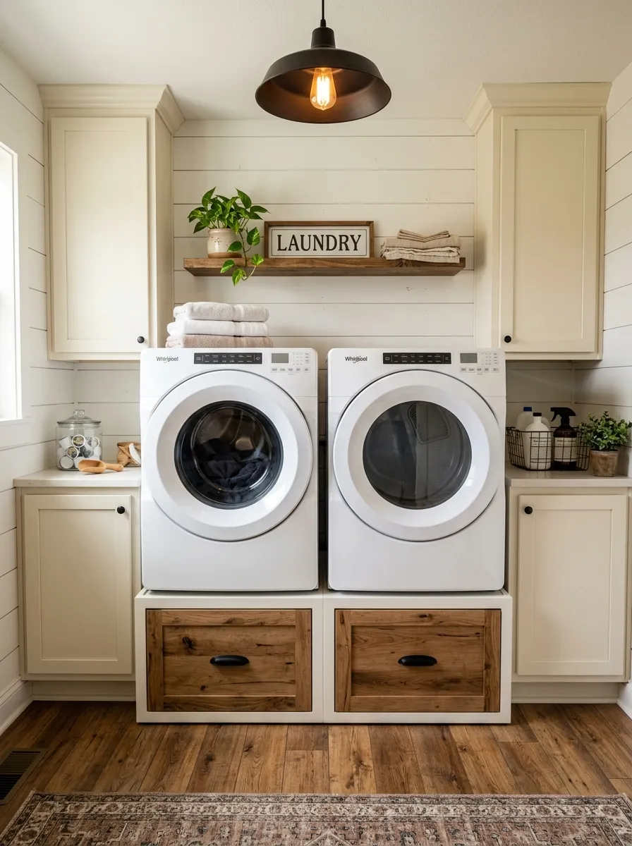 White washer and dryer elevated on wood front pedestal drawers with black pulls in an organized farmhouse laundry room with shiplap walls