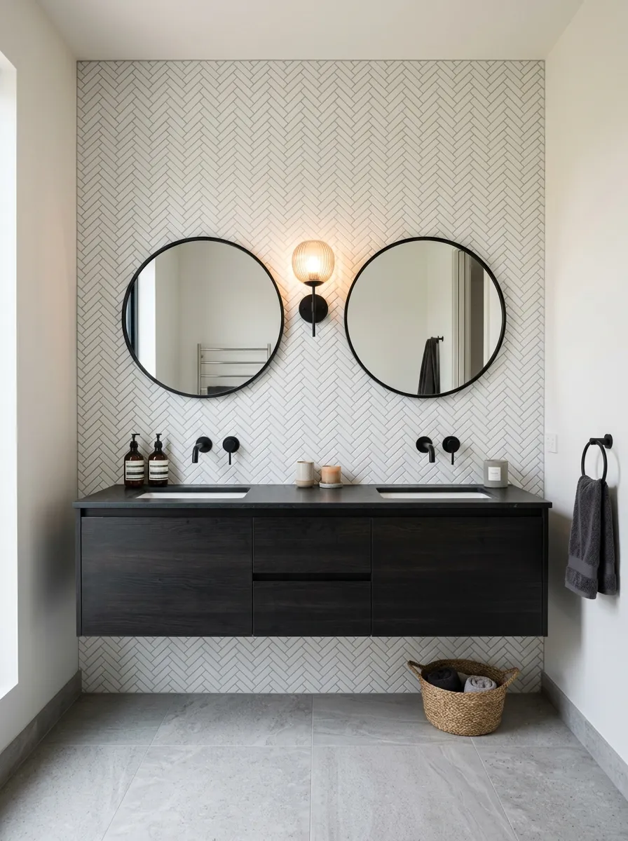 18 Black and White Bathroom Ideas That Photograph Beautifully and Look Just as Good in Real Life 6 White herringbone tile accent wall behind dark floating double vanity with round black framed mirrors
