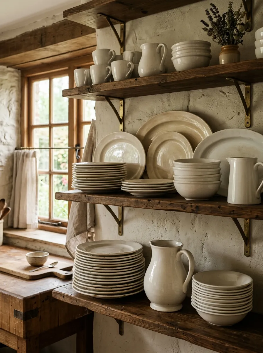 17 Farmhouse Cottage Kitchen Ideas to Master the New Timeless and Cozy Design Aesthetic 16 White ironstone and cream dishware collection stacked on open shelves in a cozy cottage kitchen