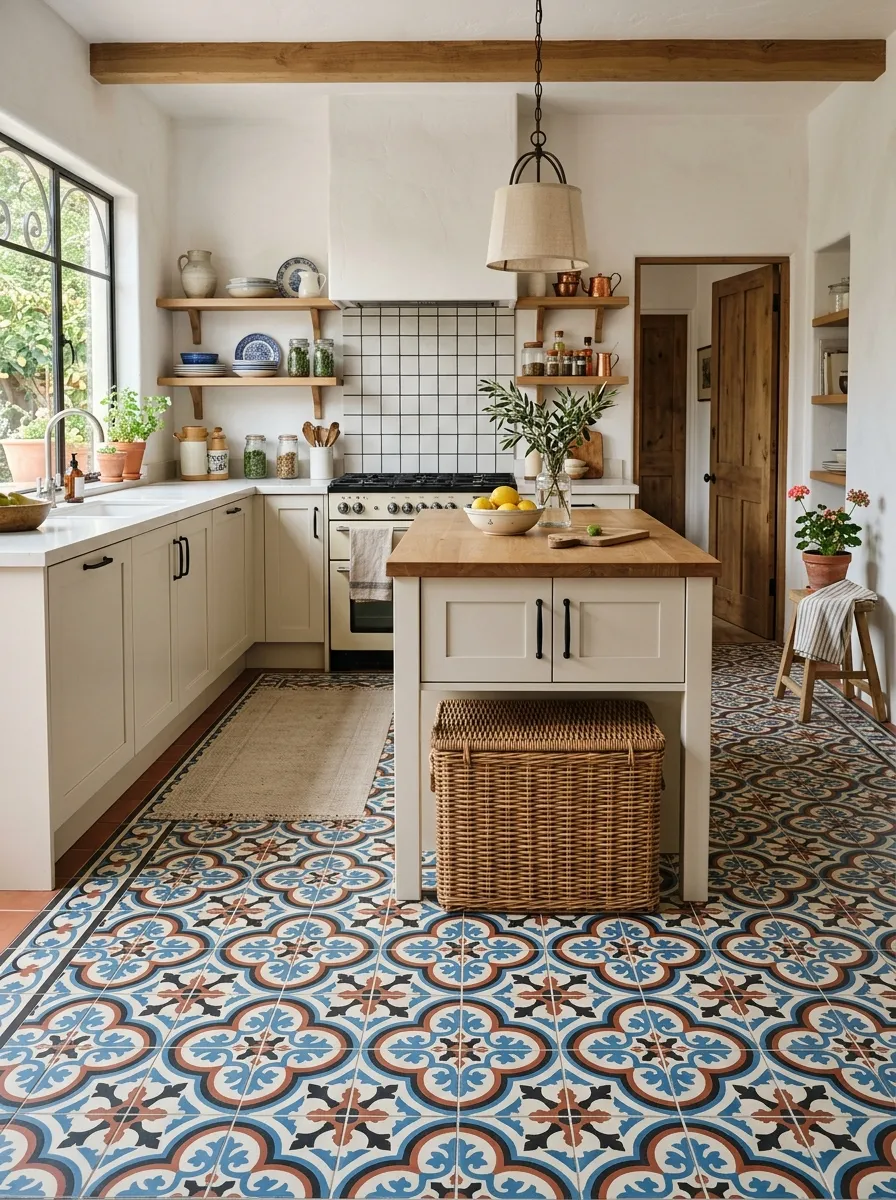 White kitchen with a bold patterned encaustic tile floor in blue, terracotta, and black as the hero color element