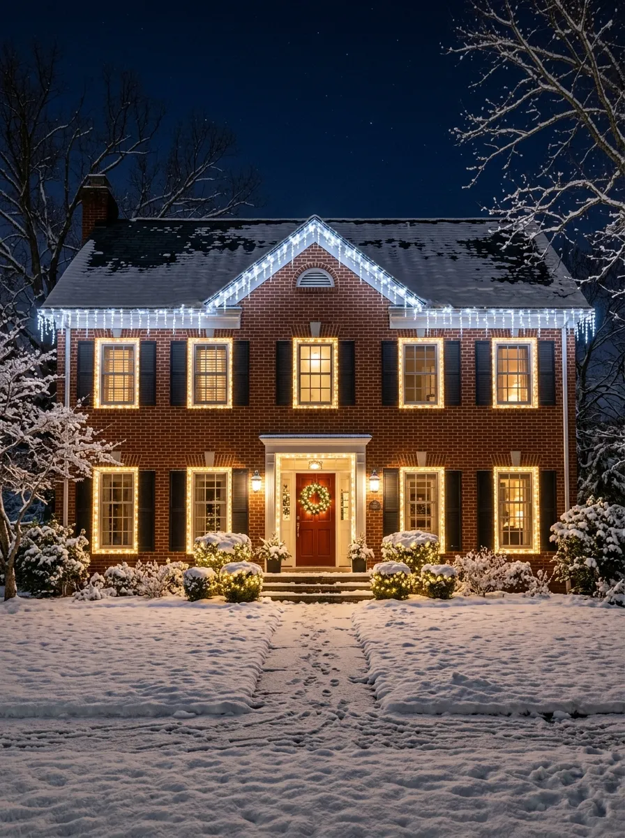 White LED icicle lights hanging from roofline of a brick home as front yard Christmas decor at night