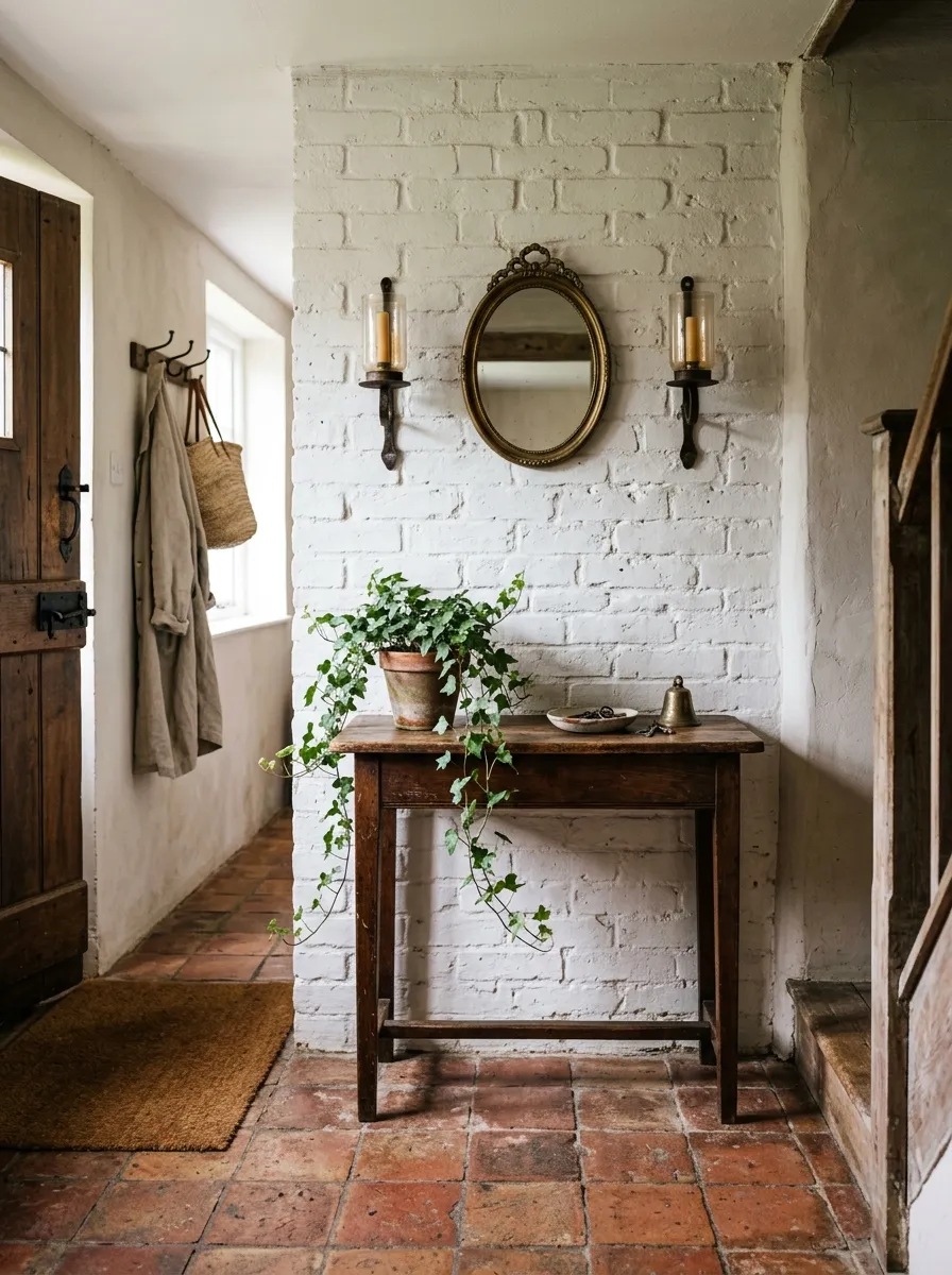 White limewash painted brick accent wall in farmhouse foyer with antique wood console, ivy, and iron candle sconces