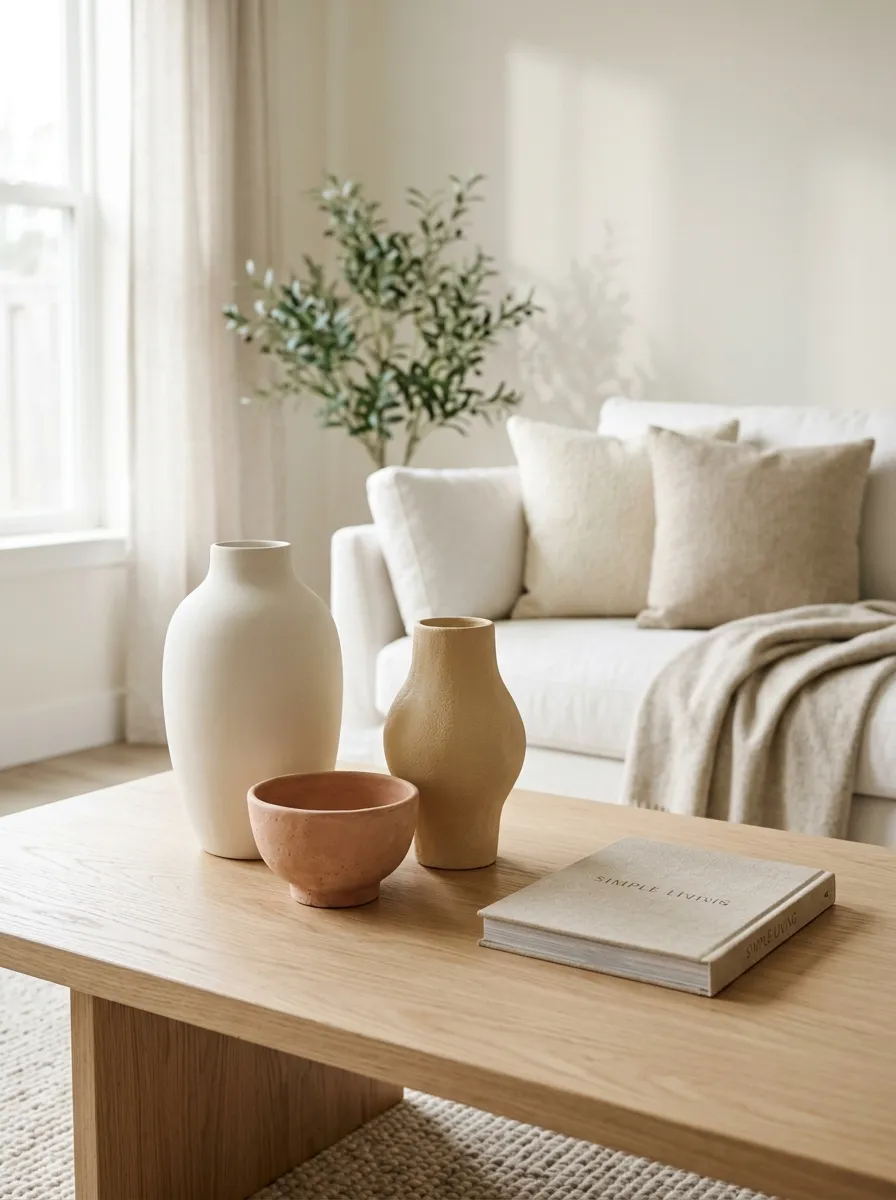 White living room decor with sculptural ceramic vases in cream and terracotta tones styled on an oak coffee table