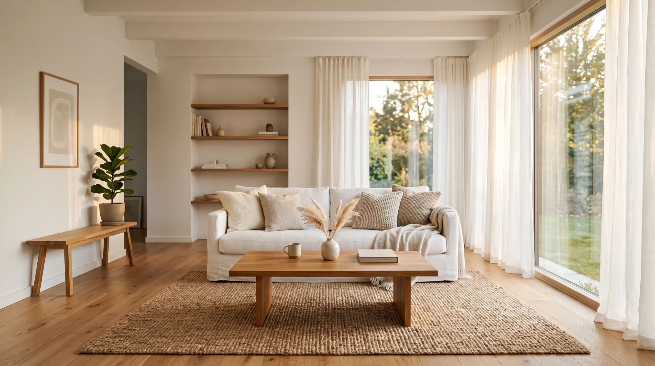 Bright minimalist white living room ideas with linen sofa, oak coffee table, jute rug and warm natural light
