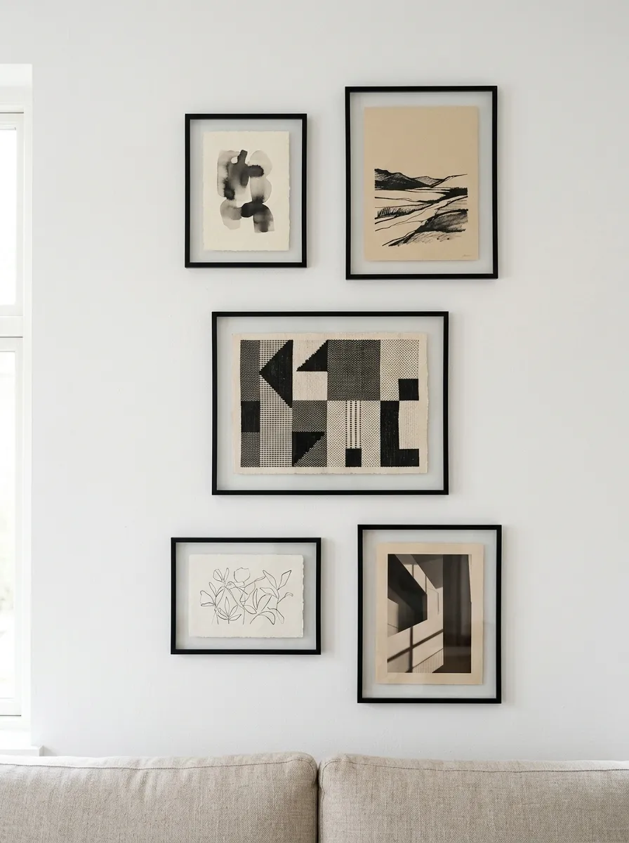 White living room ideas with a minimalist gallery wall of neutral toned art prints in thin black frames on white wall