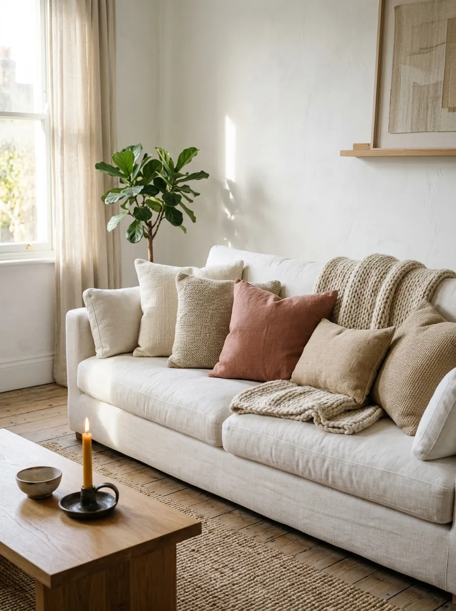 White living room ideas with layered neutral throw pillows in cream, oatmeal and sand tones for soft textural warmth