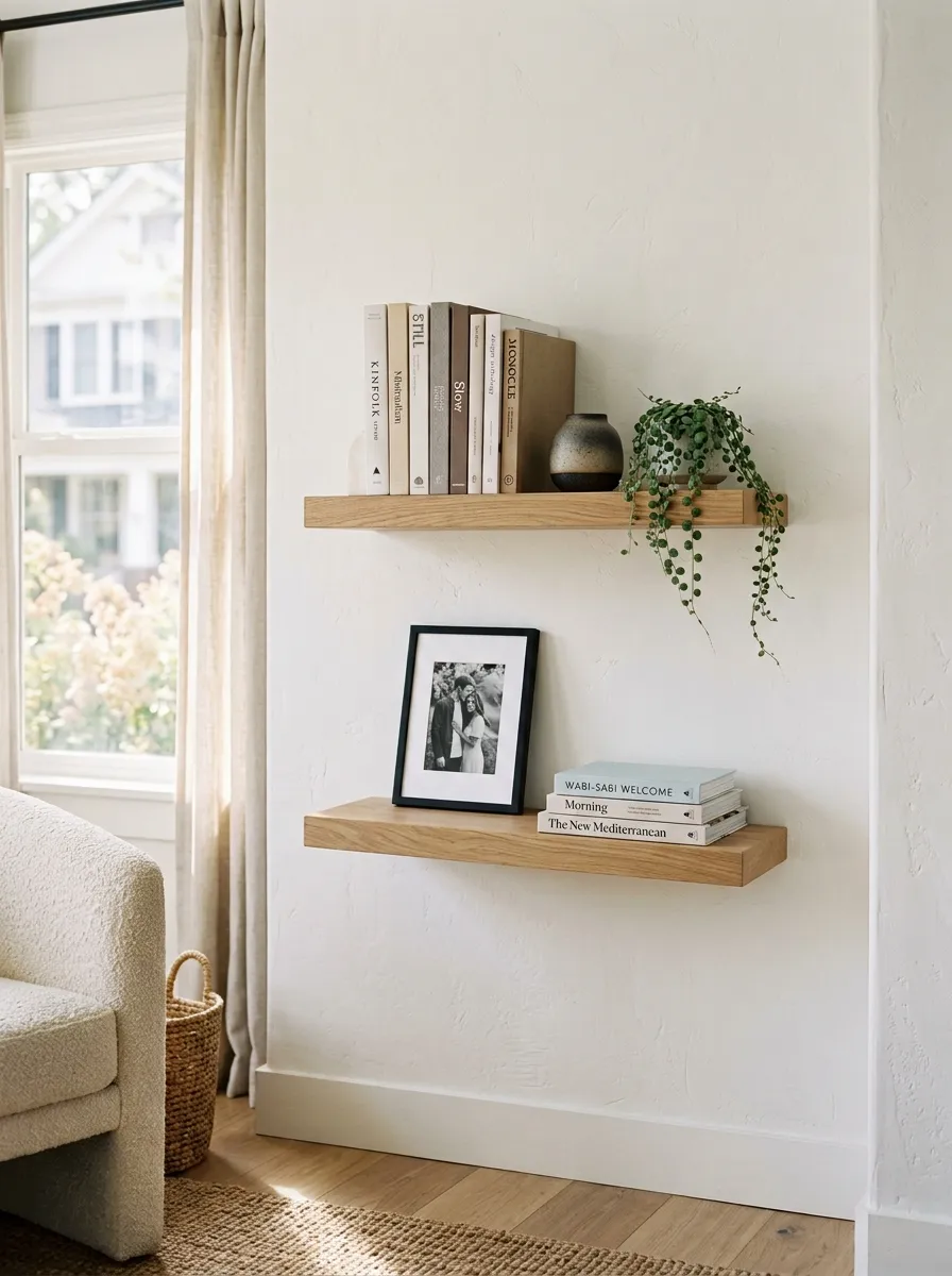 Minimalist white living room with floating oak shelves styled with neutral books, ceramics and a small trailing plant