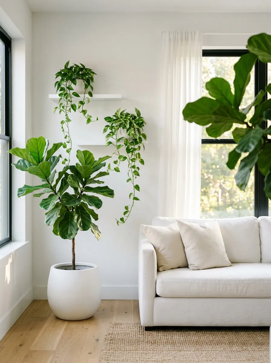 White living room decor with a large fiddle leaf fig tree and trailing pothos plants as natural green accents