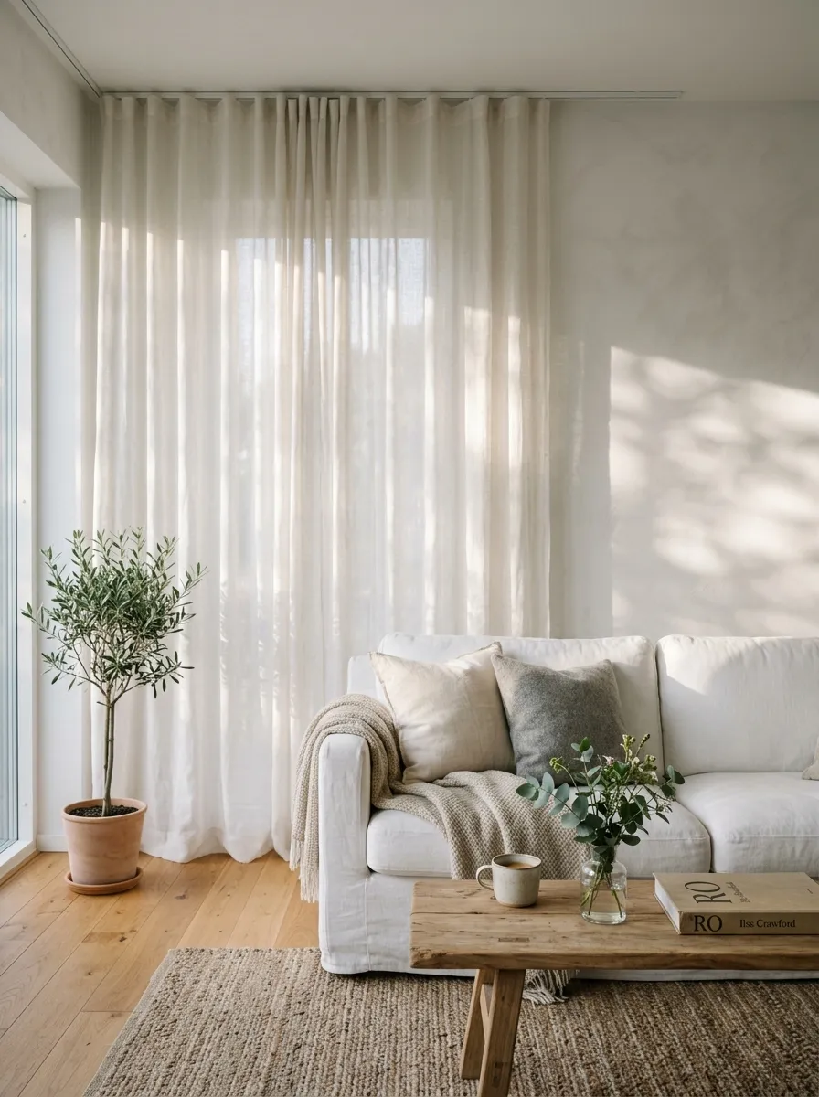 Bright white living space with floor to ceiling sheer linen curtains filtering soft morning light for a dreamy airy feel