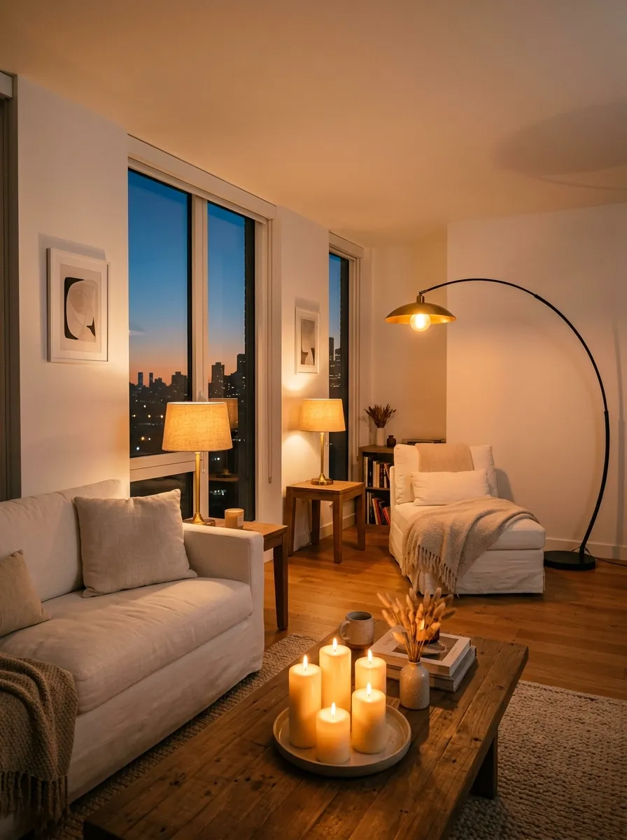 Minimalist white living room with layered ambient lighting including floor lamp, table lamps and candles for warm atmosphere