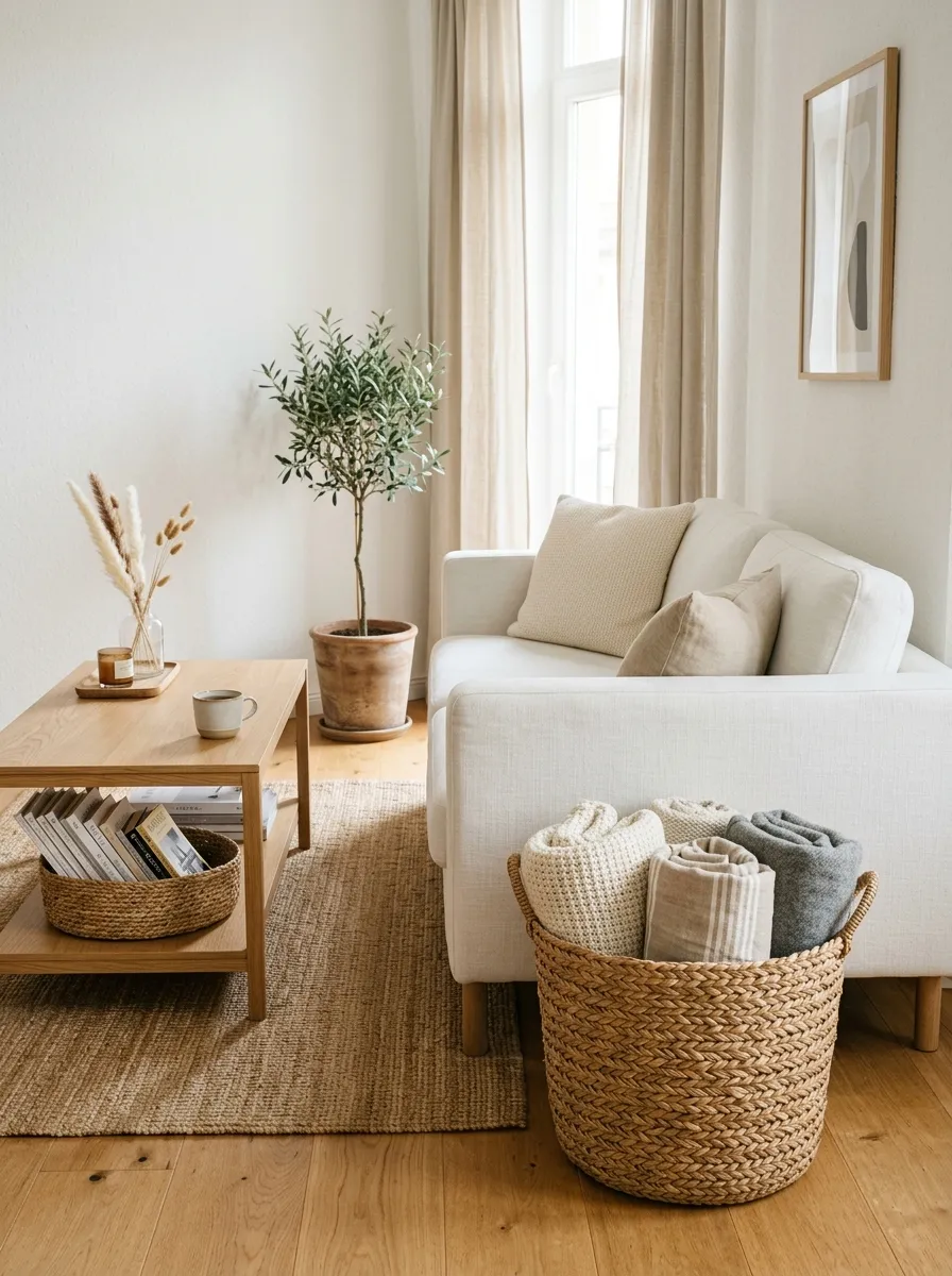 Bright white living space with natural seagrass woven baskets beside a white sofa for warm textural storage