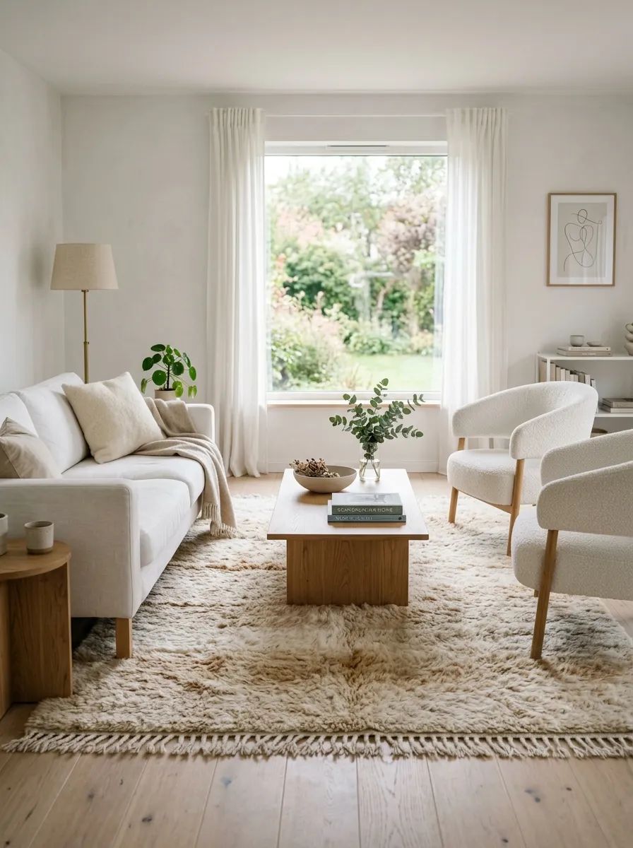 Bright white living space with a plush wool area rug in ivory and caramel tones anchoring a minimalist seating area