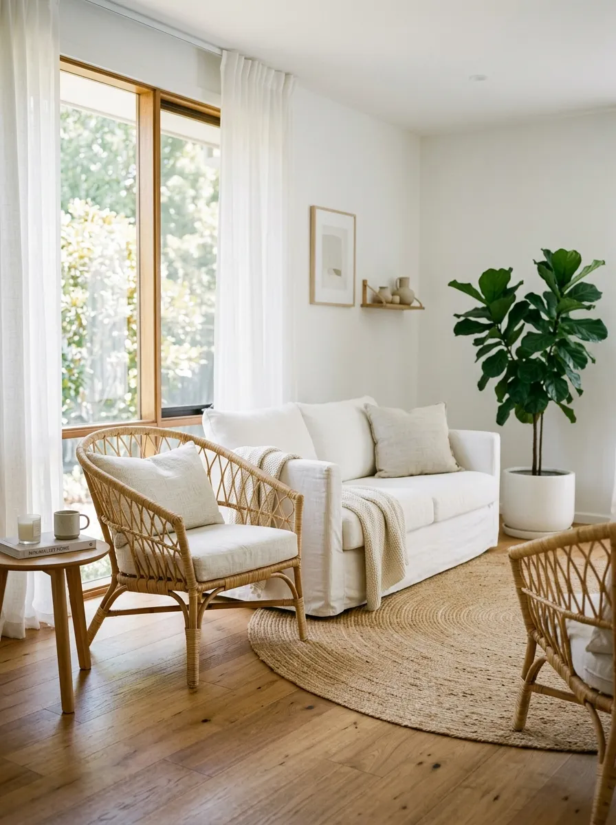 White living room ideas with rattan accent chairs, jute rug and natural light for a warm minimalist feel