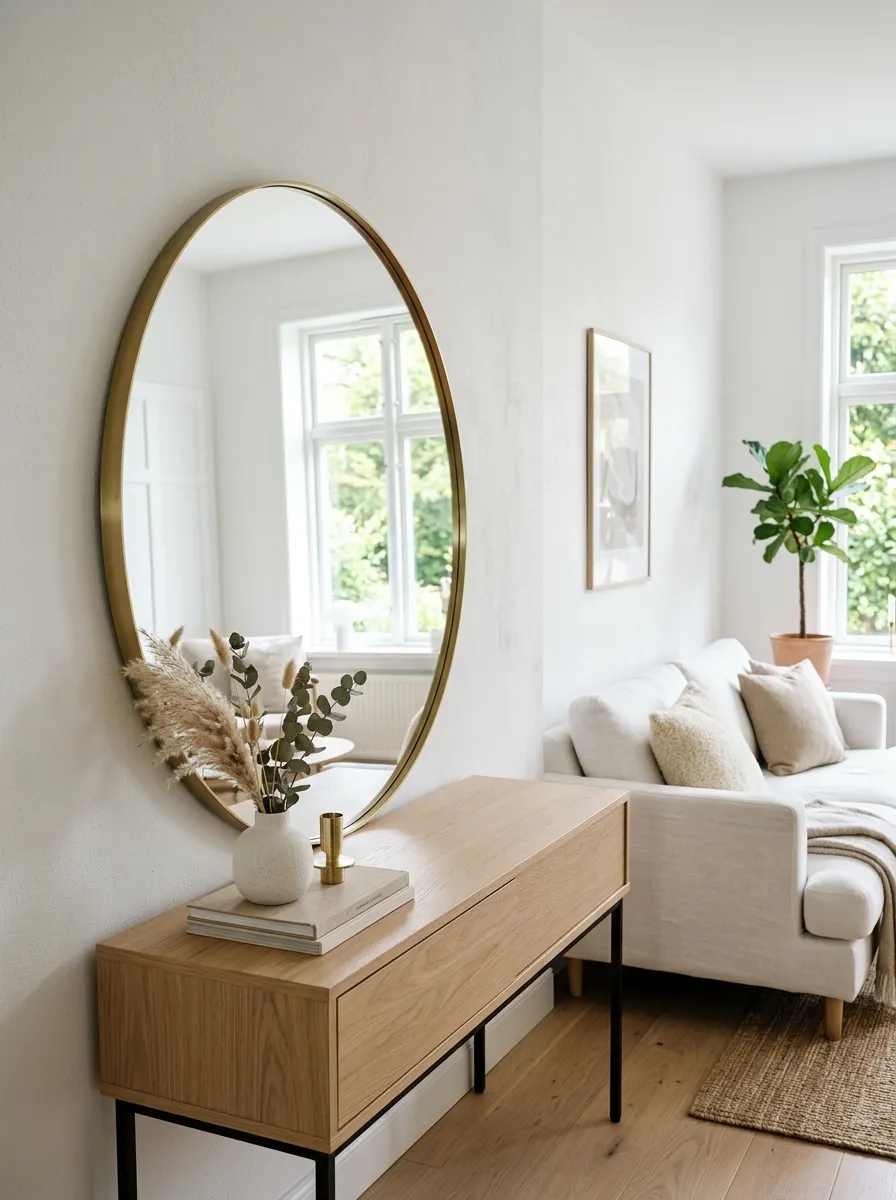 White living room ideas with a large round mirror in a thin brass frame reflecting natural light for an airy spacious feel