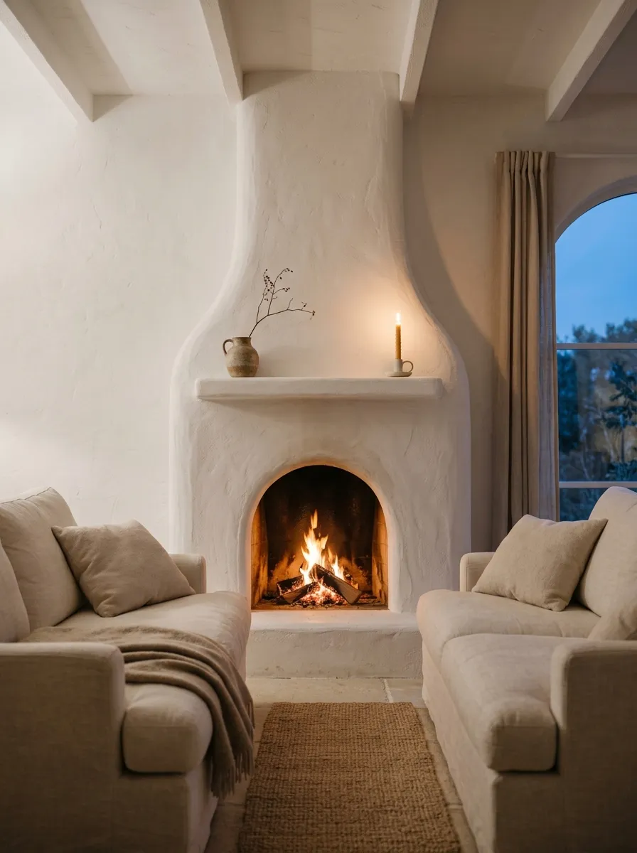 White living room ideas with a sculptural plaster fireplace as a warm minimalist focal point and cream linen sofa