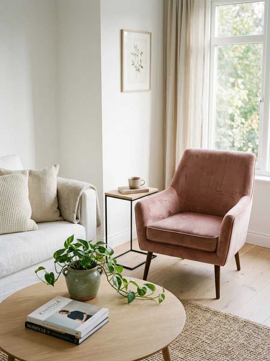 White living room decor with a dusty blush velvet armchair and sage green ceramic pot as subtle warm accent colors