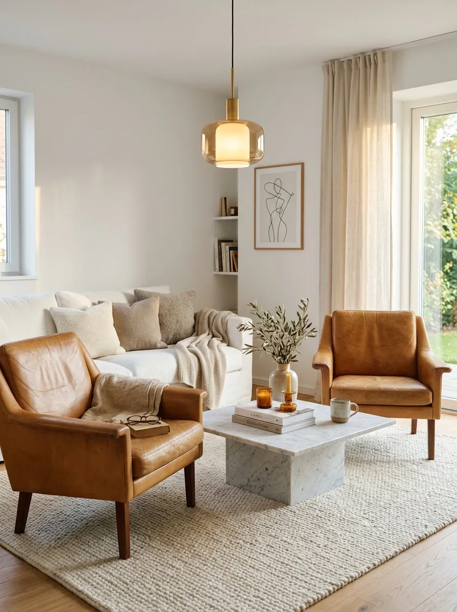 White living room decor with tan leather armchairs, marble coffee table and warm pendant light for luxurious balance