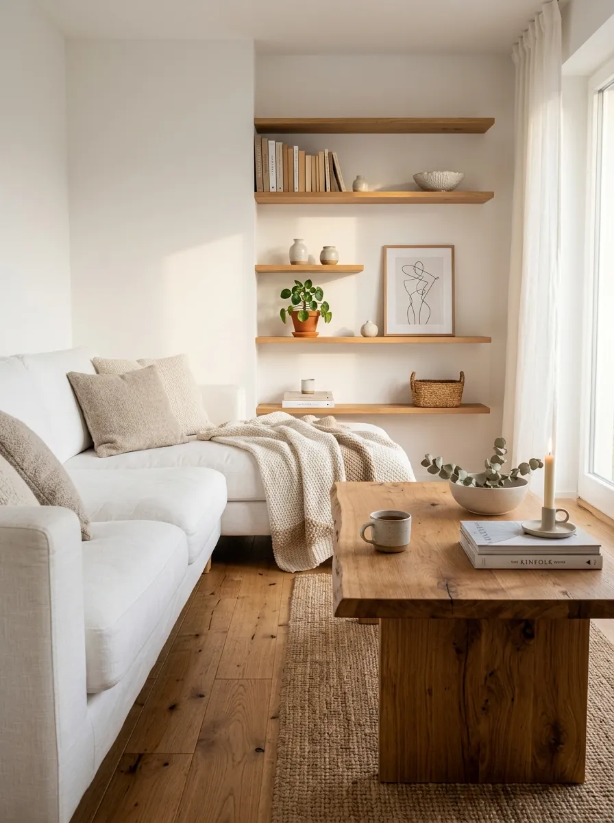 White room design ideas featuring warm oak floors, raw edge coffee table and floating wood shelves for natural warmth