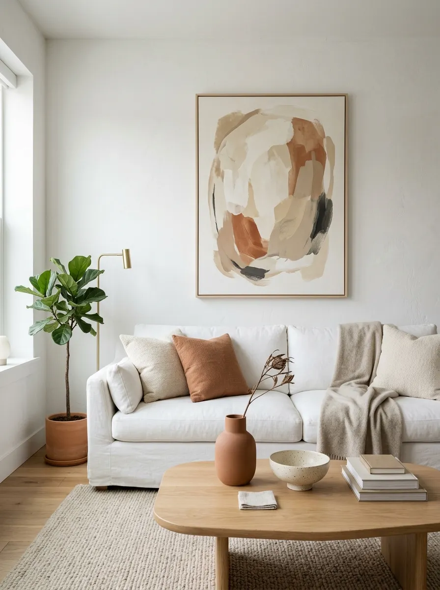 Minimalist white living room with large tonal abstract art in earth tones hung above a white linen sofa