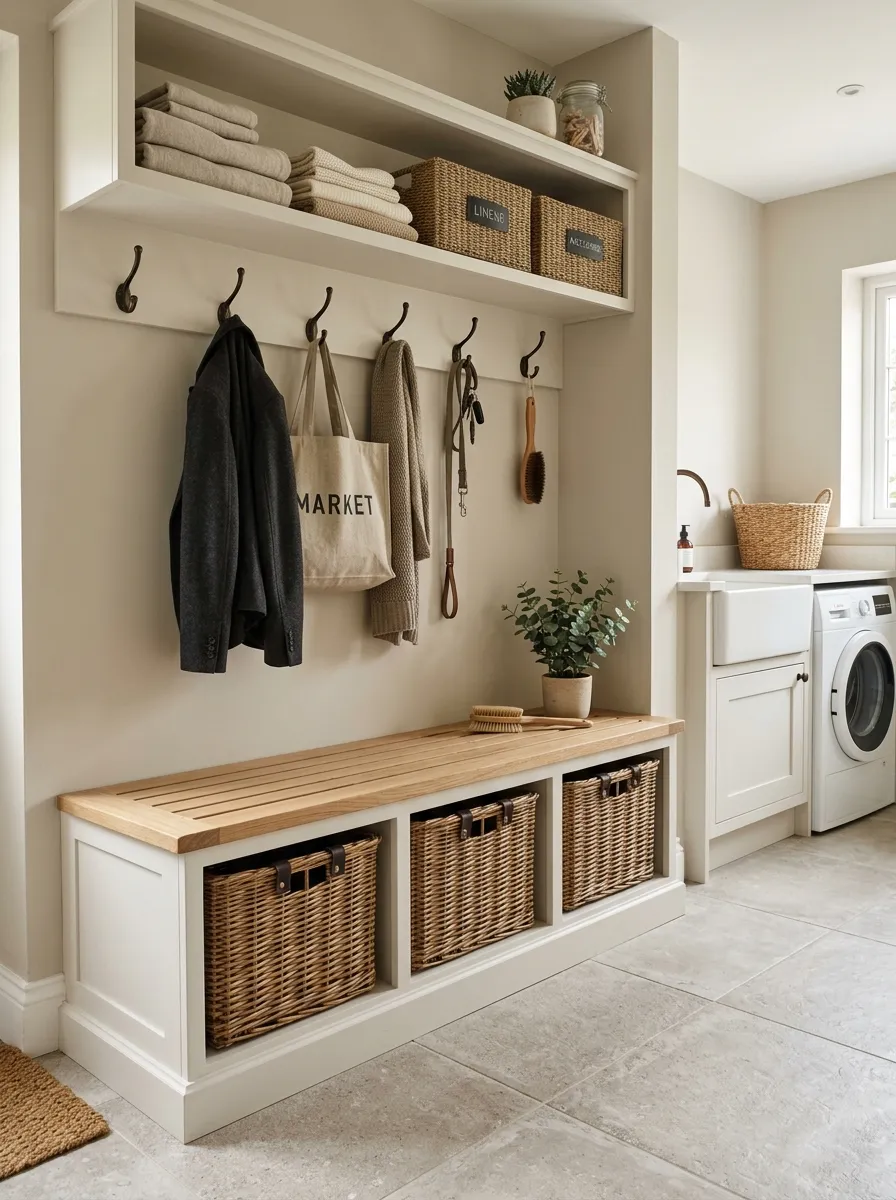 White mudroom bench with oak slatted top, three pull out wicker baskets below, and open shelving above in warm greige laundry space