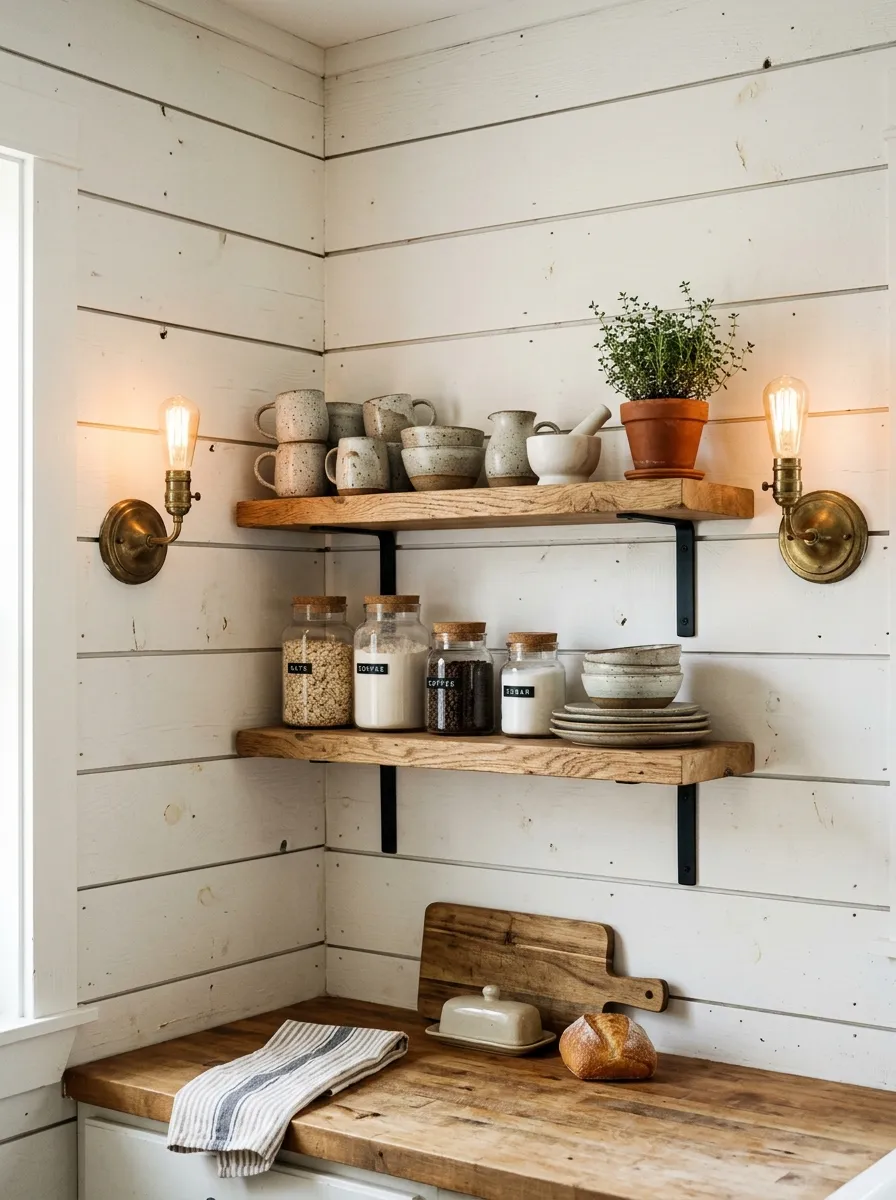 23 Rustic Farmhouse Kitchen Ideas That Use Quiet Design Rules to Create a Timeless Look 6 White horizontal shiplap walls with open shelves and aged brass accents in a warm rustic farmhouse kitchen.