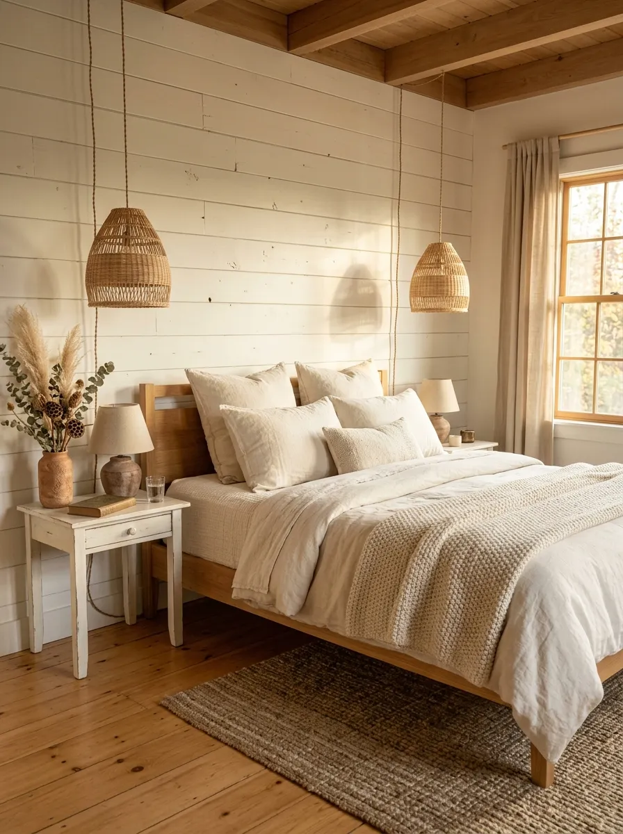 Warm white shiplap accent wall behind a queen farmhouse bedroom bed with rattan pendants and linen bedding