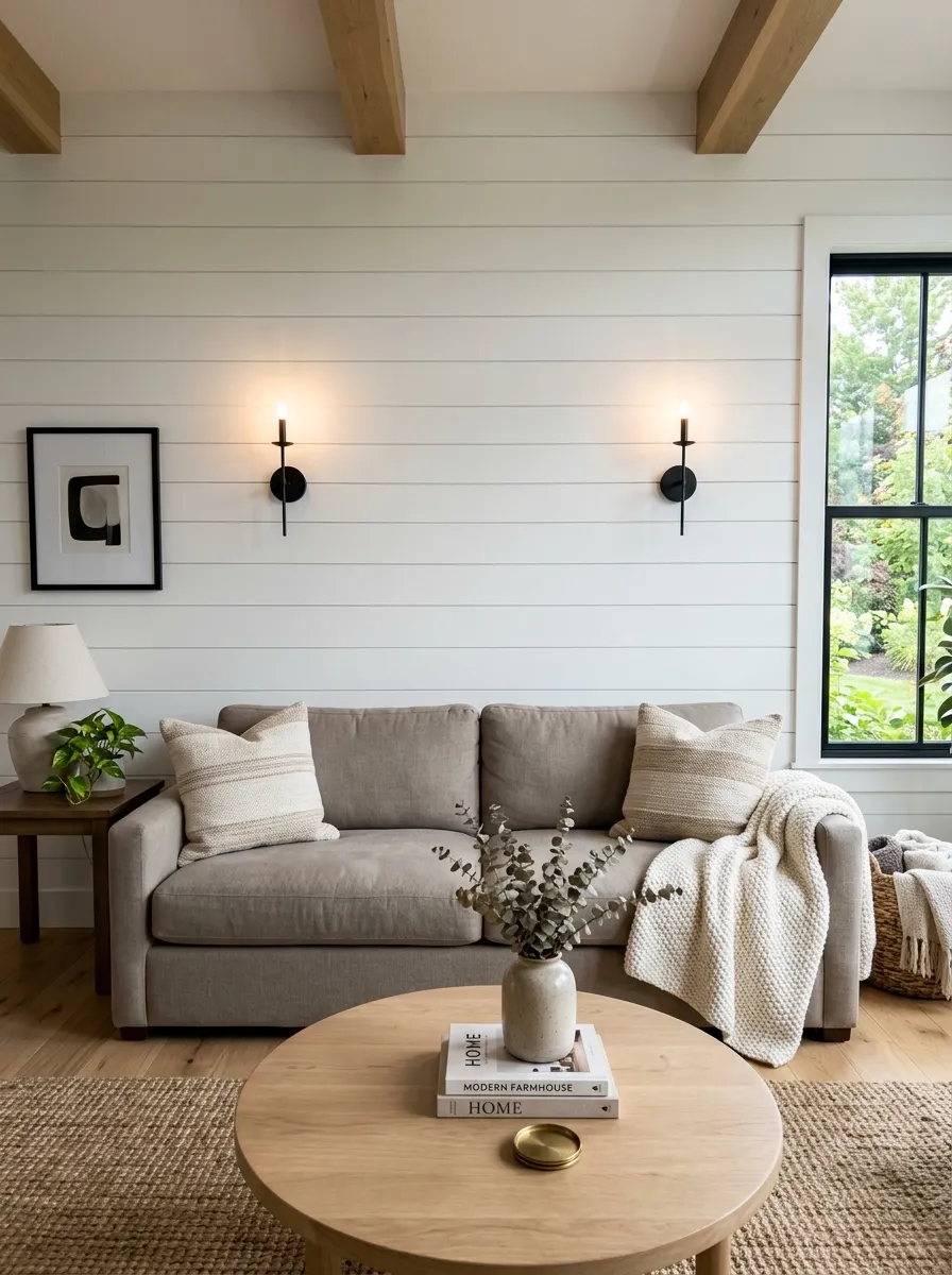 21 Modern Farmhouse Living Room Ideas That Perfectly Balance Texture, Warmth, and Modern Style 3 A modern farmhouse living room featuring a full white shiplap accent wall behind a greige linen sofa with matte black sconce lighting.