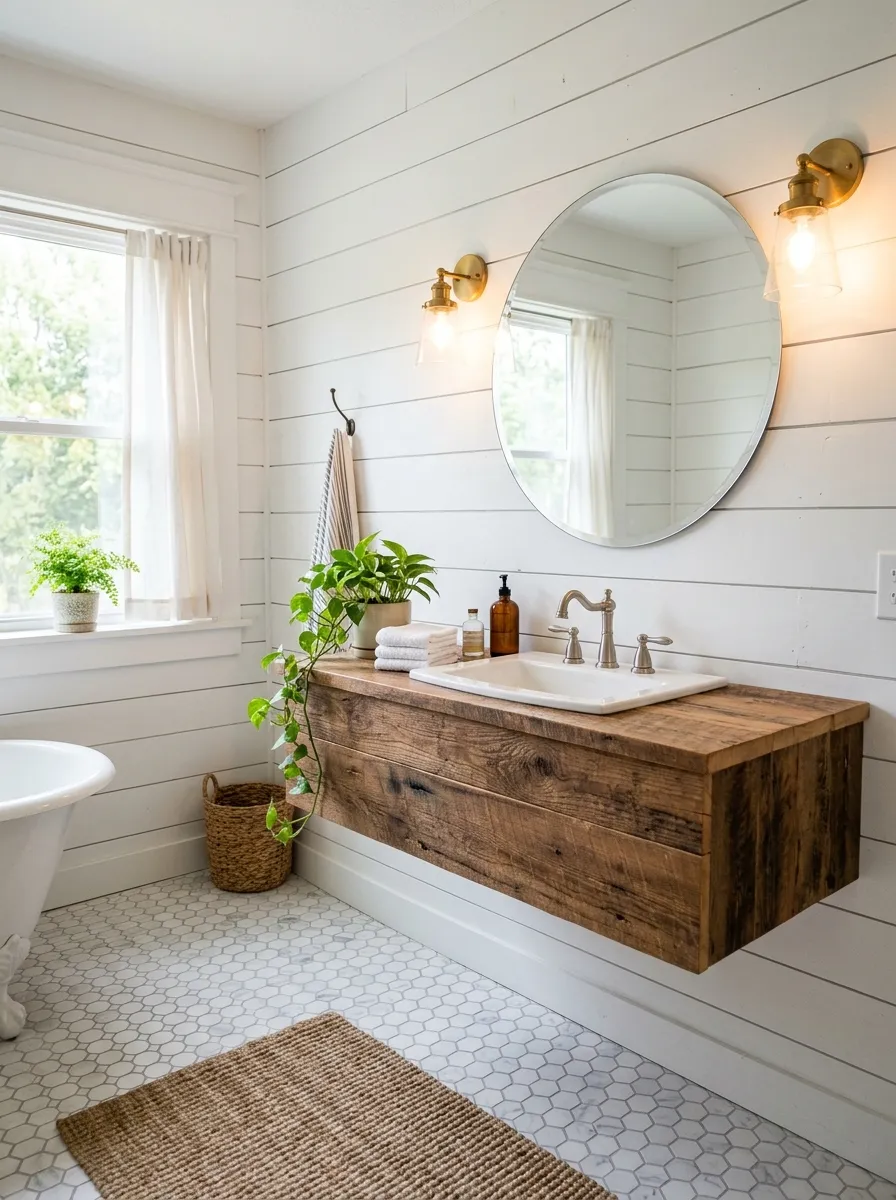 Farmhouse bathroom with white horizontal shiplap walls, rustic wood vanity, and round mirror in soft natural light