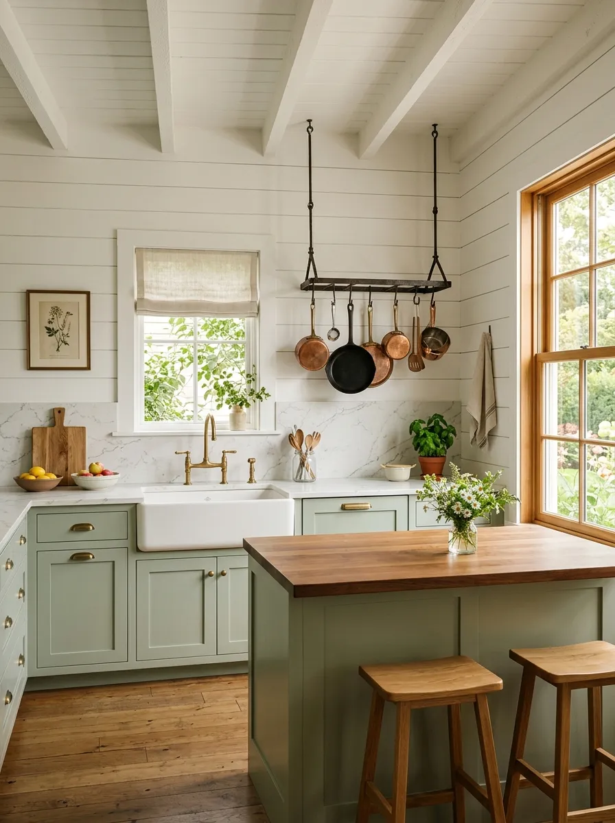 White shiplap walls and sage green cabinets in a bright cottage style kitchen with warm afternoon light
