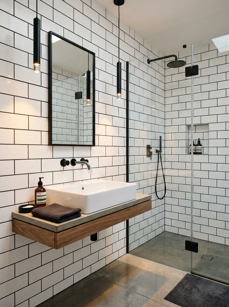 18 Black and White Bathroom Ideas That Photograph Beautifully and Look Just as Good in Real Life 2 Modern white subway tile bathroom walls with striking black grout and matte black fixtures