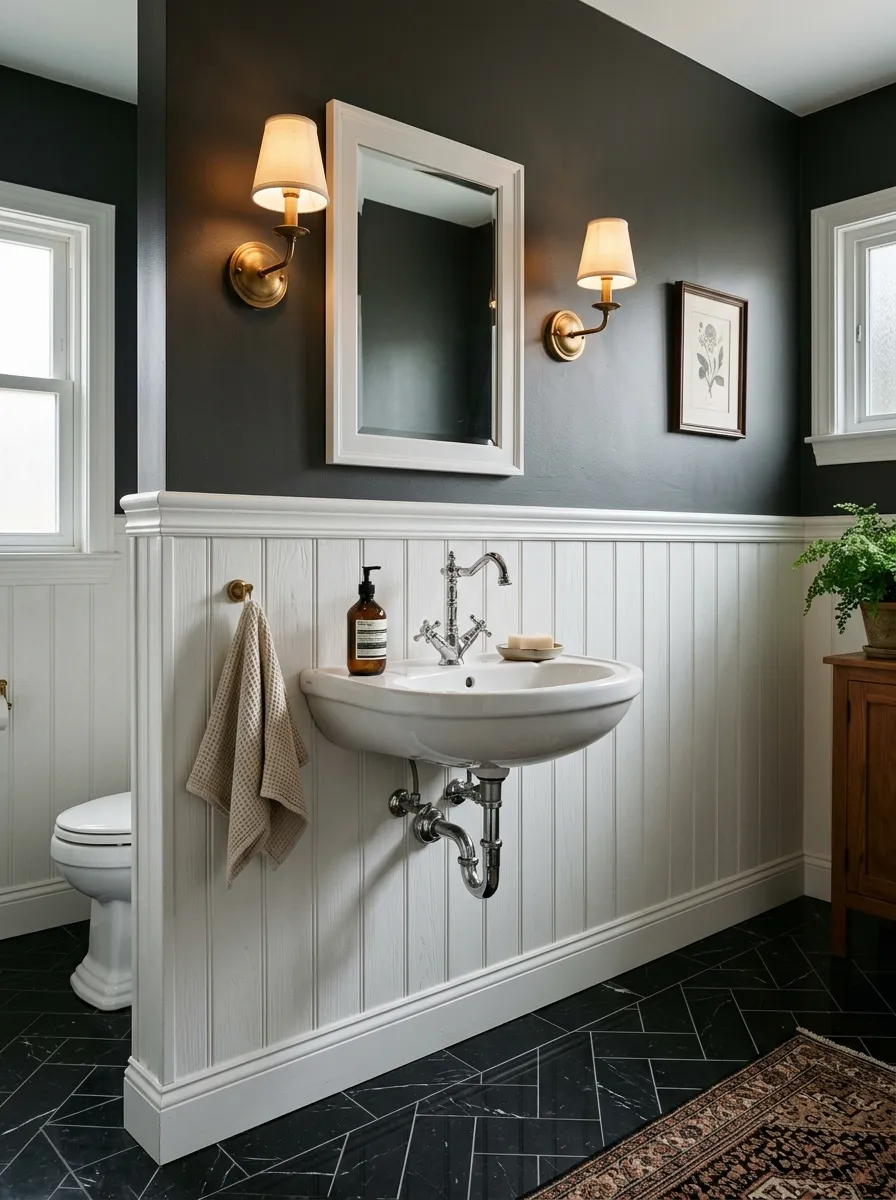 18 Black and White Bathroom Ideas That Photograph Beautifully and Look Just as Good in Real Life 11 Classic bathroom with white tongue and groove wainscoting and deep charcoal upper walls with brass sconces
