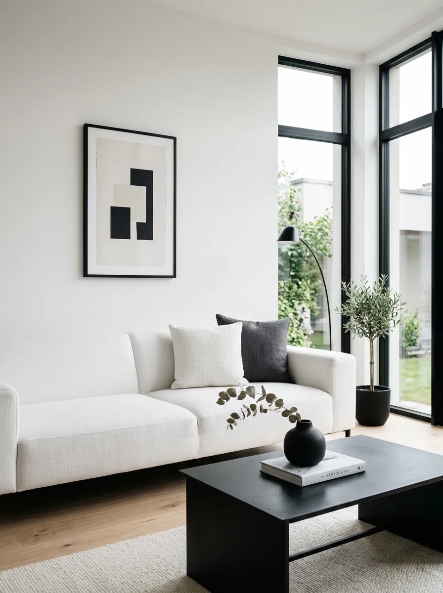 Minimalist white living room with black coffee table and black window frames for sharp modern contrast