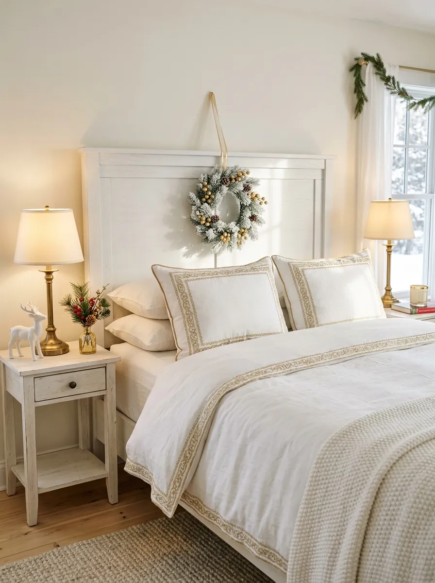 White and gold Christmas bedroom with flocked wreath on headboard, brass lamps, and pine twig arrangement for elegant holiday decor