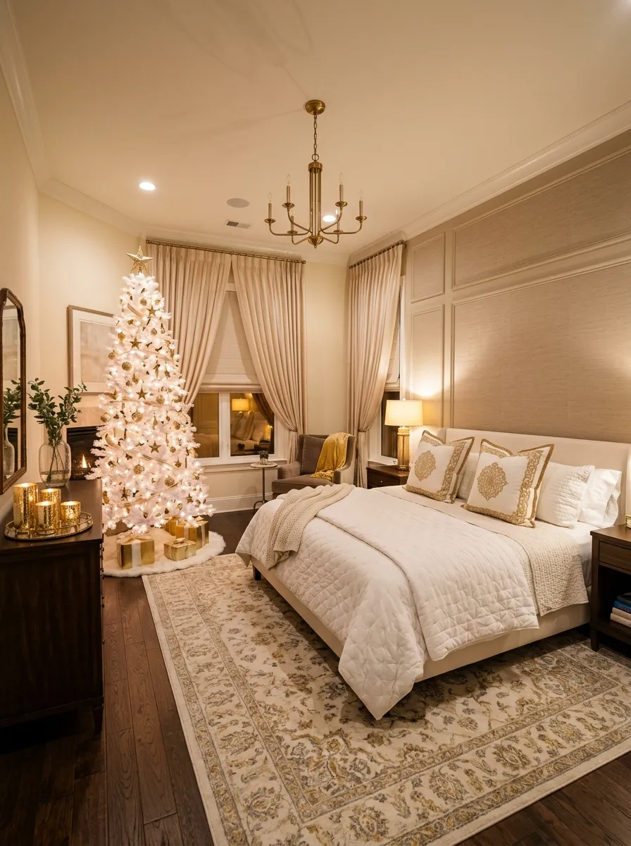 21 Christmas Bedroom Ideas That Make Your Space Feel Magical, Cozy, and Full of Holiday Charm 7 An elegant white and gold Christmas bedroom with a white tree decorated with gold ornaments showing a luxurious festive bedroom design.